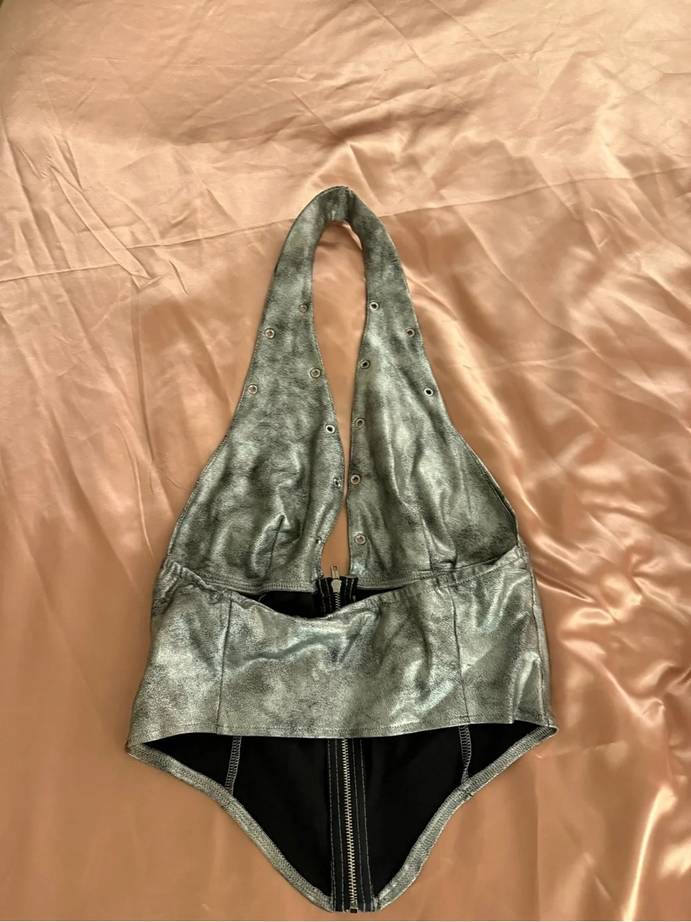 SHEIN Metallic Silver Halter Zip-Front One-Piece